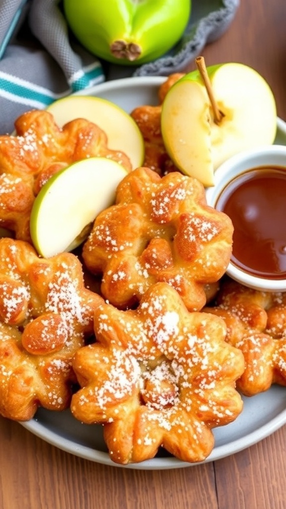 Golden-brown apple fritters dusted with powdered sugar on a plate, with fresh apple slices and glaze.